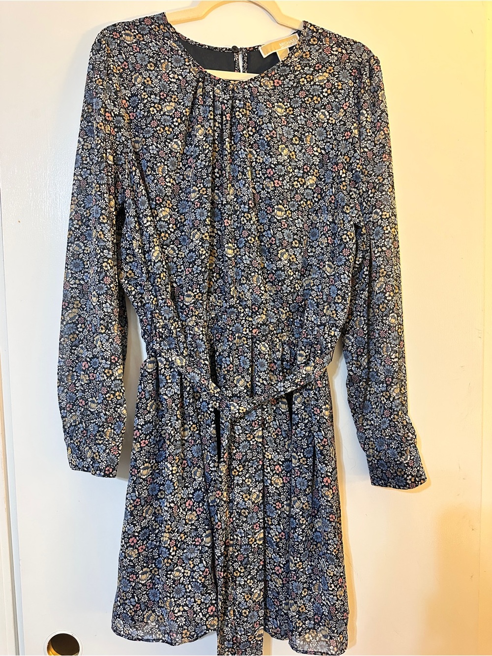 Michael Kors Floral Long Sleeve Belted Dress Mini Dress Blue & Black XL